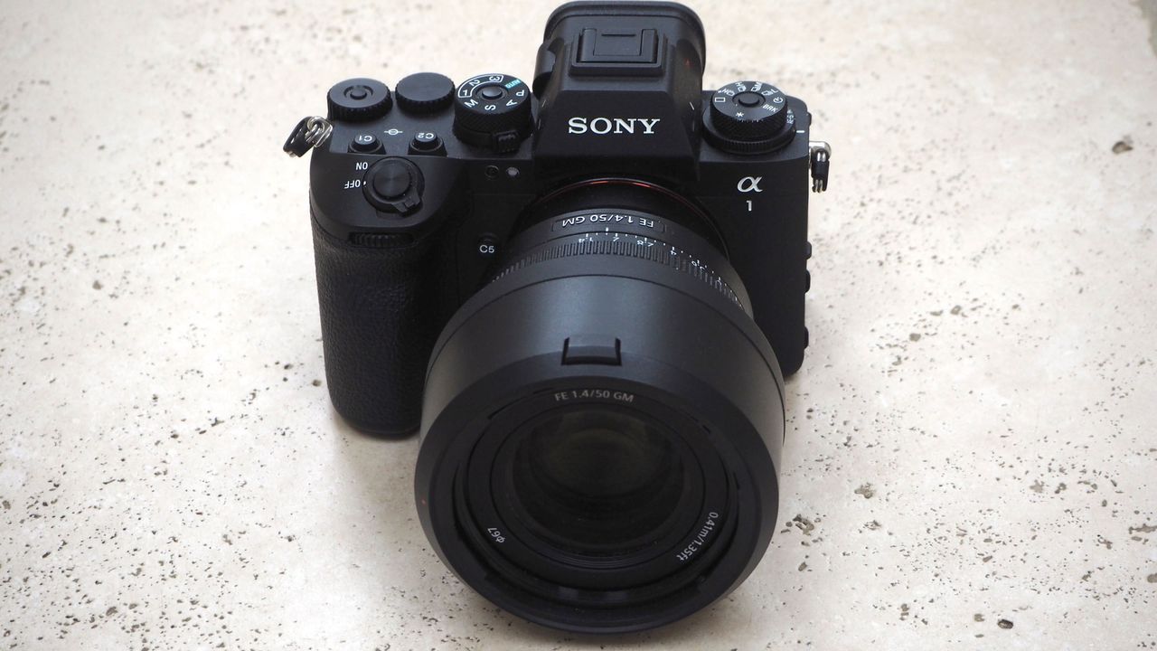 A front view of the Sony A1 II with the Sony 50mm f/1.4 GM lens attached.