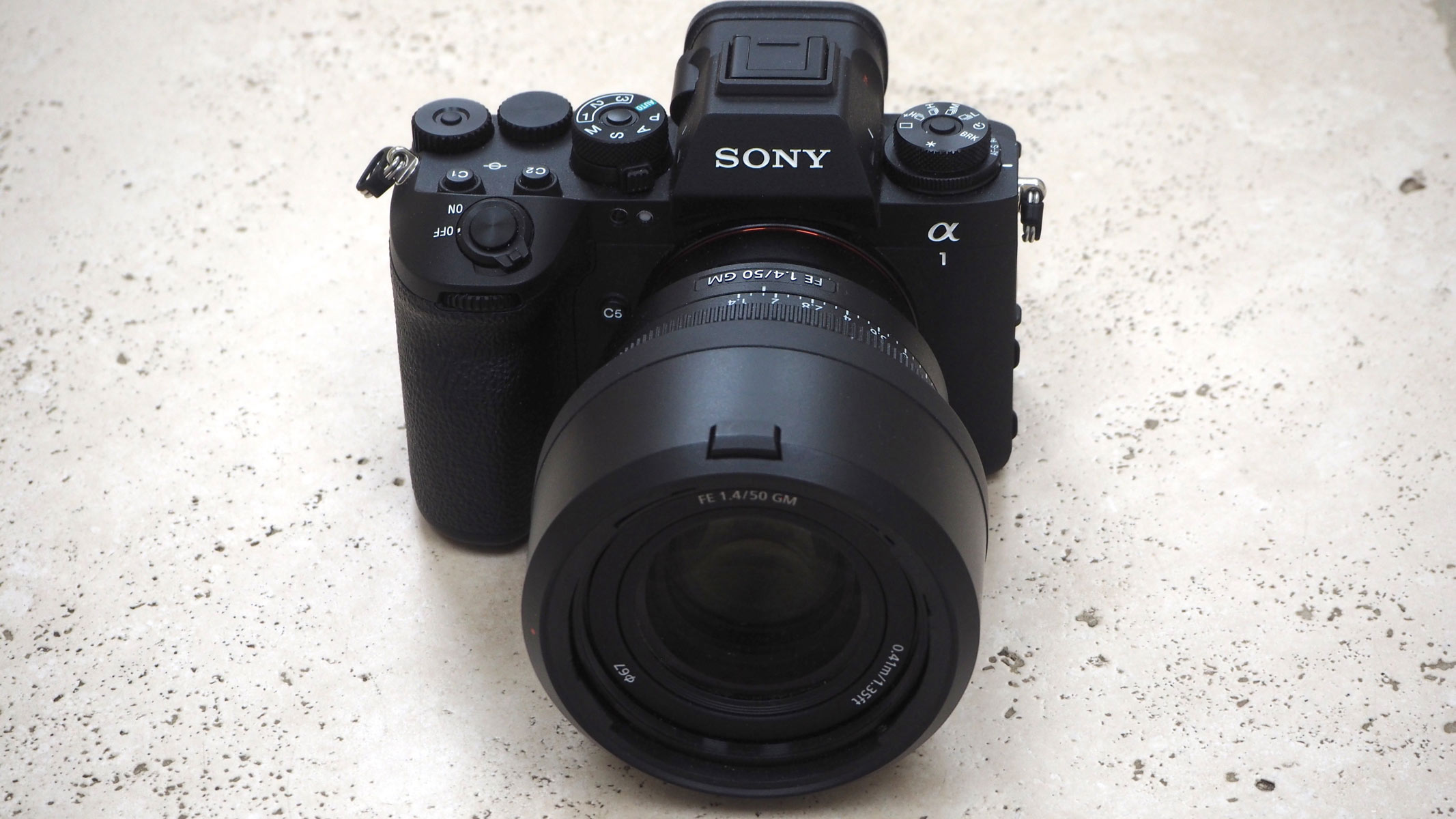 A front view of the Sony A1 II with the Sony 50mm f/1.4 GM lens attached.