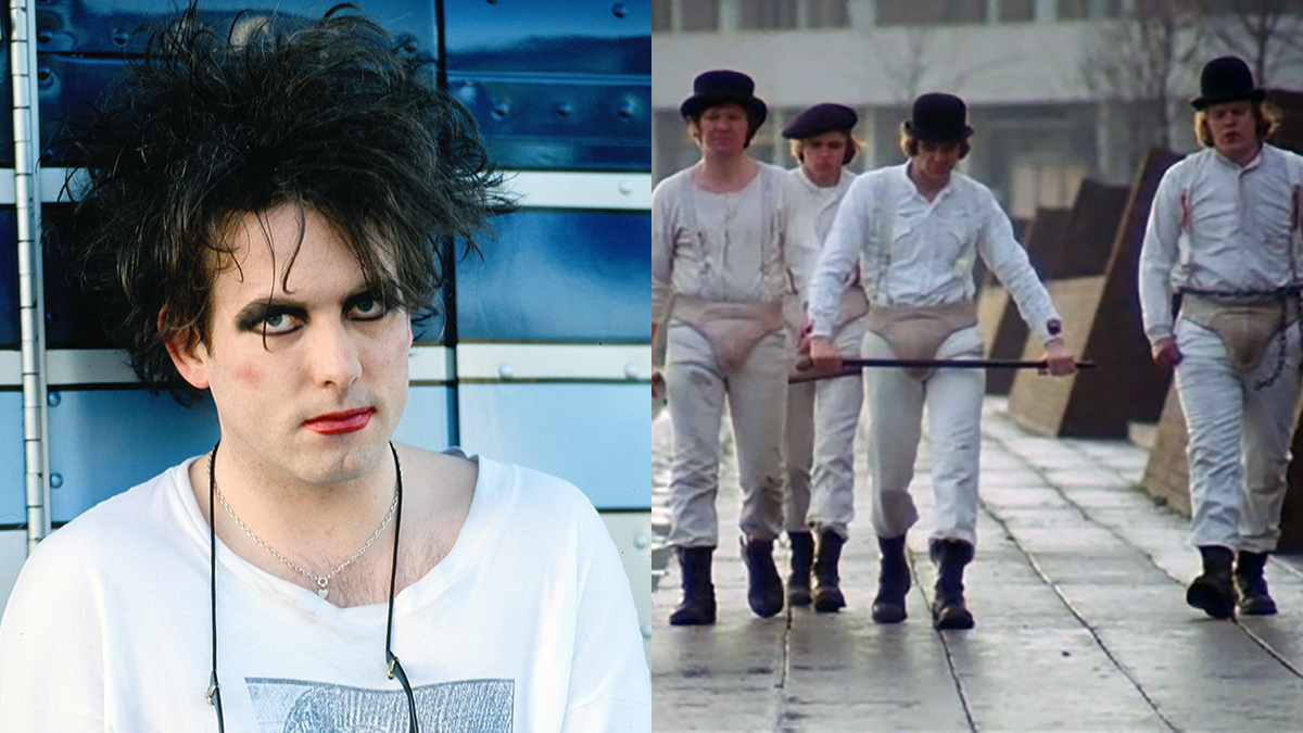 The Cure&#039;s Robert Smith next to screenshot of A Clockwork Orange