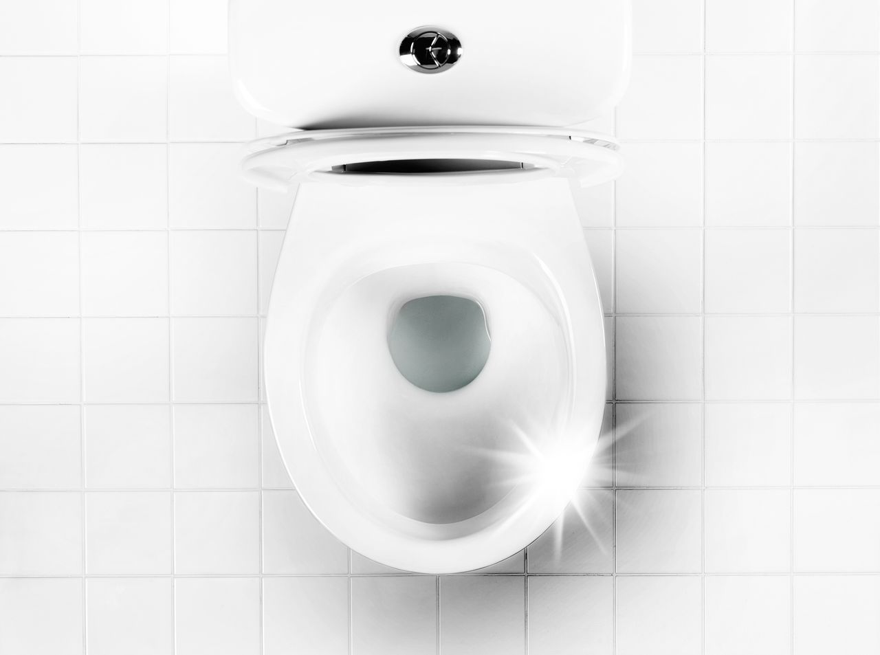 looking down into a white toilet that is sparklingly clean