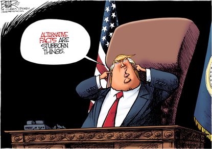 Political Cartoon U.S. President Trump ignores alternative facts