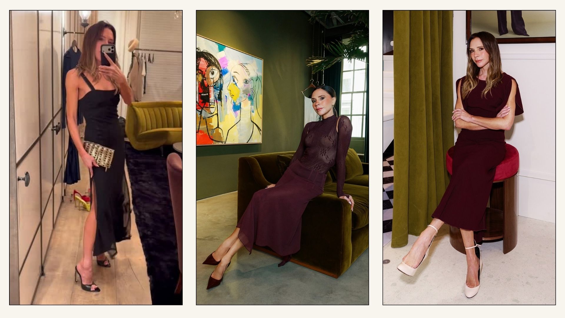 Collage of Victoria Beckham wearing black peep-toe heels, burgundy heels and cream heels.
