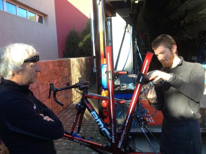 Mechanics Aaron Fairley and Perry Moerman are building up plenty of spare BMC teammachine SLR01s.
