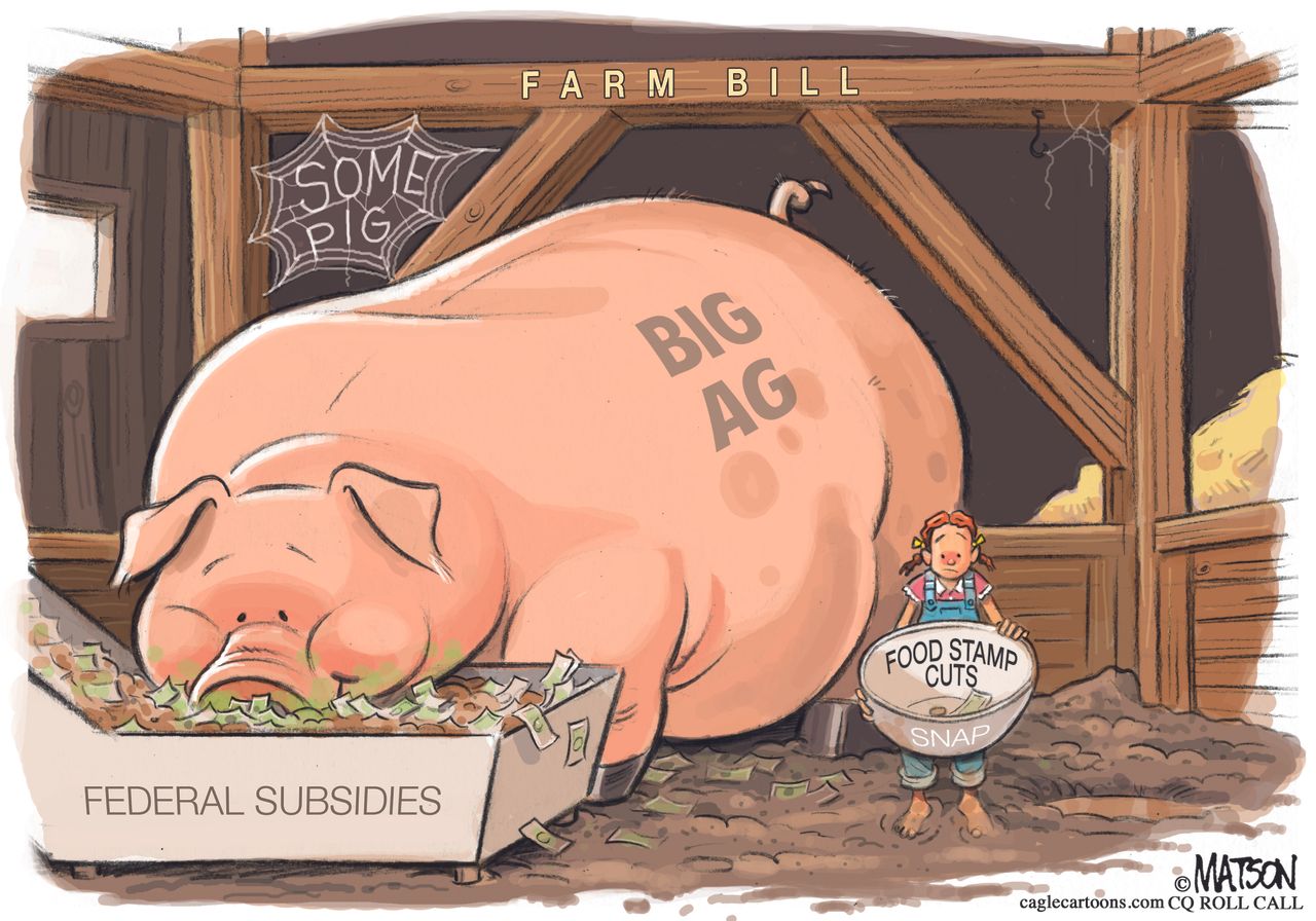 Political cartoon U.S. Congress big agriculture subsidies food stamp cuts Charlotte&amp;#039;s Web