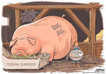Political cartoon U.S. Congress big agriculture subsidies food stamp cuts Charlotte's Web