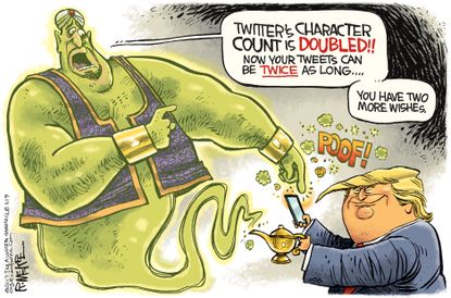 Political cartoon U.S. Trump tweets character limit