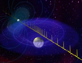 When a nearby white dwarf passes in front of the pulsar, the radio waves emitted by the pulsar arrives on our planet slightly delayed. That is because gravity warps the space around the white dwarf such that it messes with the path that the radio waves take. Scientists use this delay to calculate the mass of the pulsar and the white dwarf.