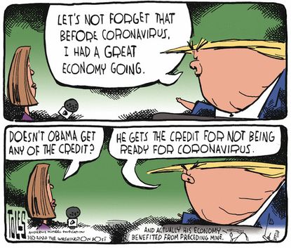 Political Cartoon U.S. Trump Barack Obama Coronavirus economy credit reporters