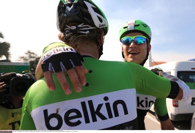 Bos celebrates with his Belkin teammates