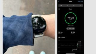 Garmin Venu 3s view on wrist and step count stats in app screenshot