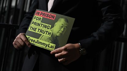 A sign supporting the jailed Hong Kong media tycoon Jimmy Lai.