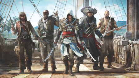 Assassin's Creed 4: Black Flag artwork showing Kenway with a group of pirates