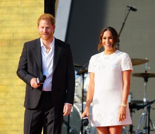 Prince Harry and Meghan Markle speak on stage at Global Citizen Live: New York on September 25