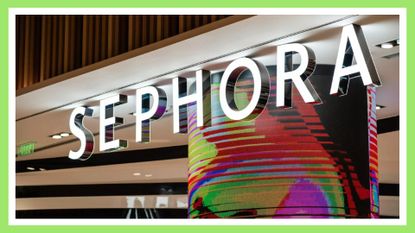 Sephora sign outside of a store with a neon green background