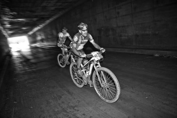 Bruce Stauffer and NoTubes Pete enjoy the tunnel marking one mile to go in the Coopers Gap stage.