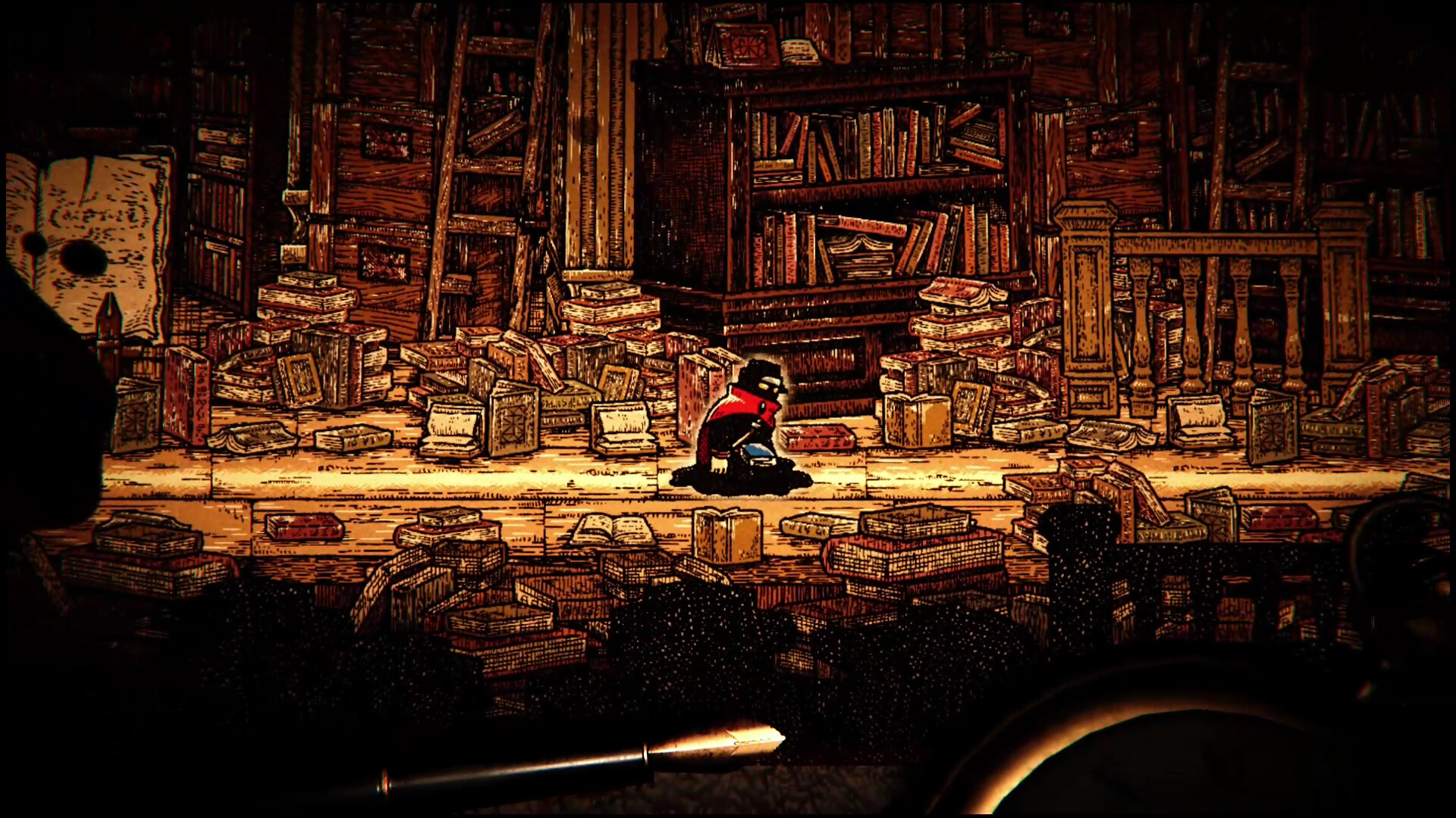 In action-adventure Chronoscript: The Endless End, the editor protagonist who's trapped in a 2D manuscript can be seen within a page, kneeling on the floor surrounded by piles of books