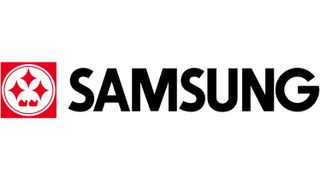 Samsung logo from 1969, black wordmark next to red square containing three star emblem