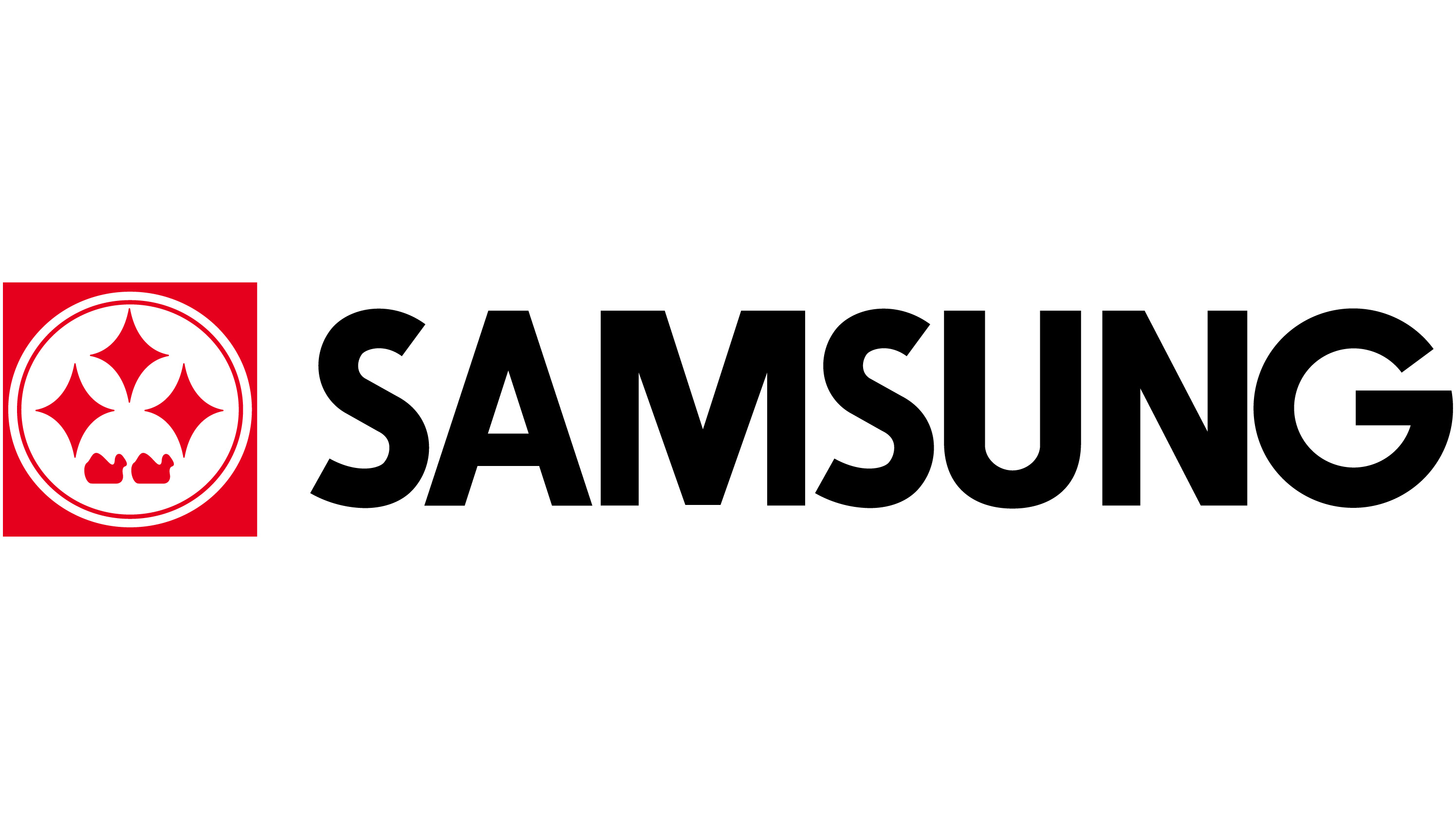 Logo Samsung de 1969, mot-symbole noir à côté d'un carré rouge contenant l'emblème à trois étoiles