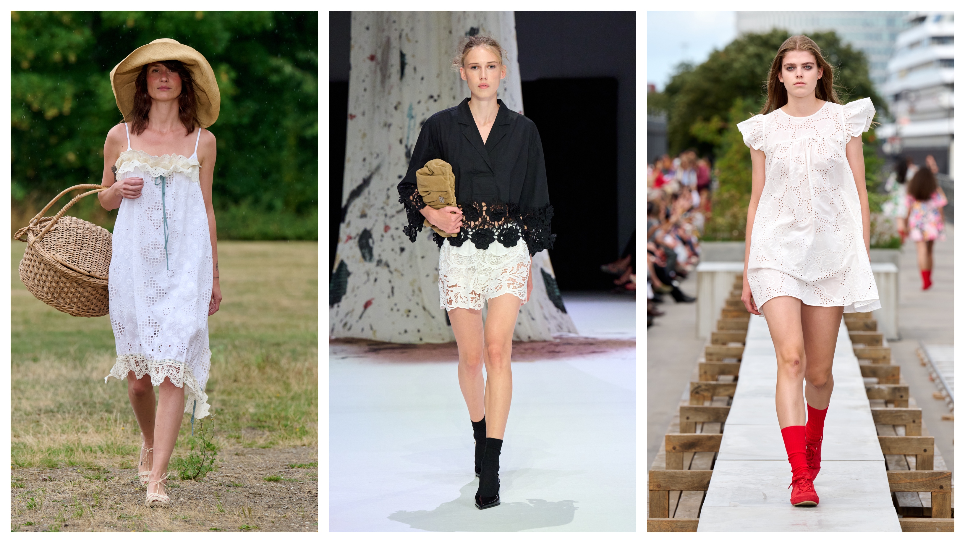 A collage featuring models wearing lace trend on the runways of Copenhagen Fashion Week spring/summer 2027.