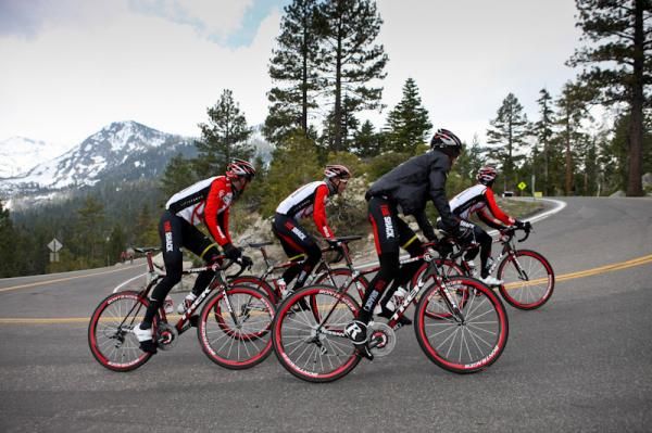RadioShack riders round one of the switchbacks on the early part of what will be tomorrow's course.