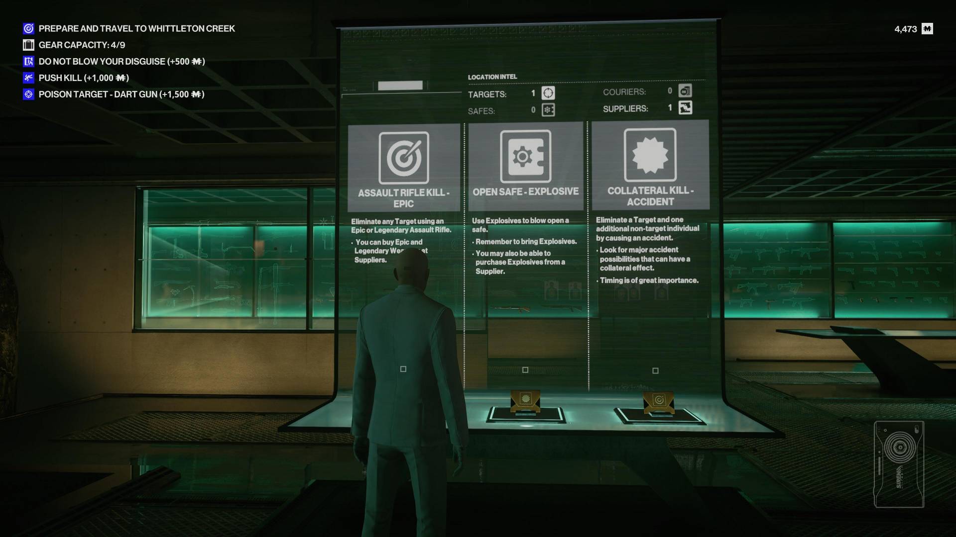 In the Hitman 3 freelancer mode, Agent 47 looks at three ways to eliminate a target, including assault rifle kill, open safe explosive, and collateral kill accident