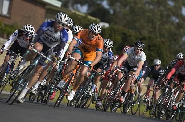 The peloton make their way around the street circuit in Wonthaggi at an average speed of 43.58km/h.