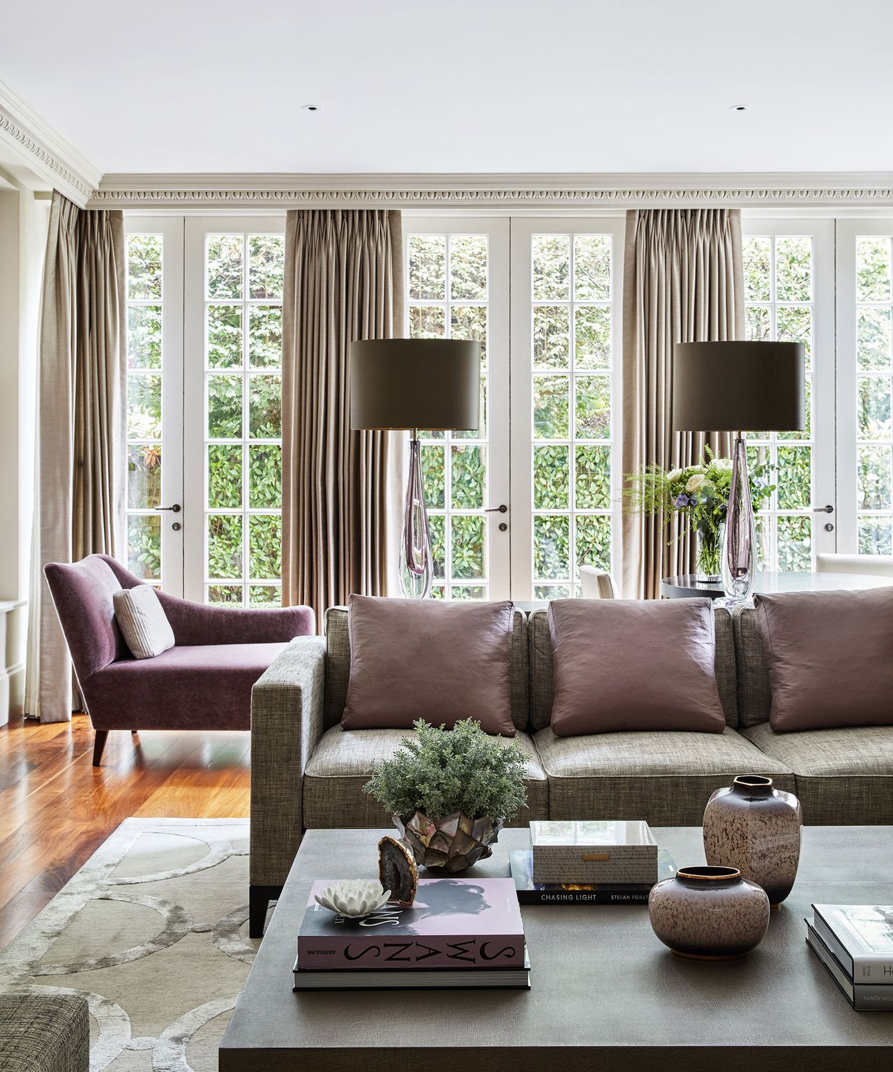 Traditional living room with brown curtains