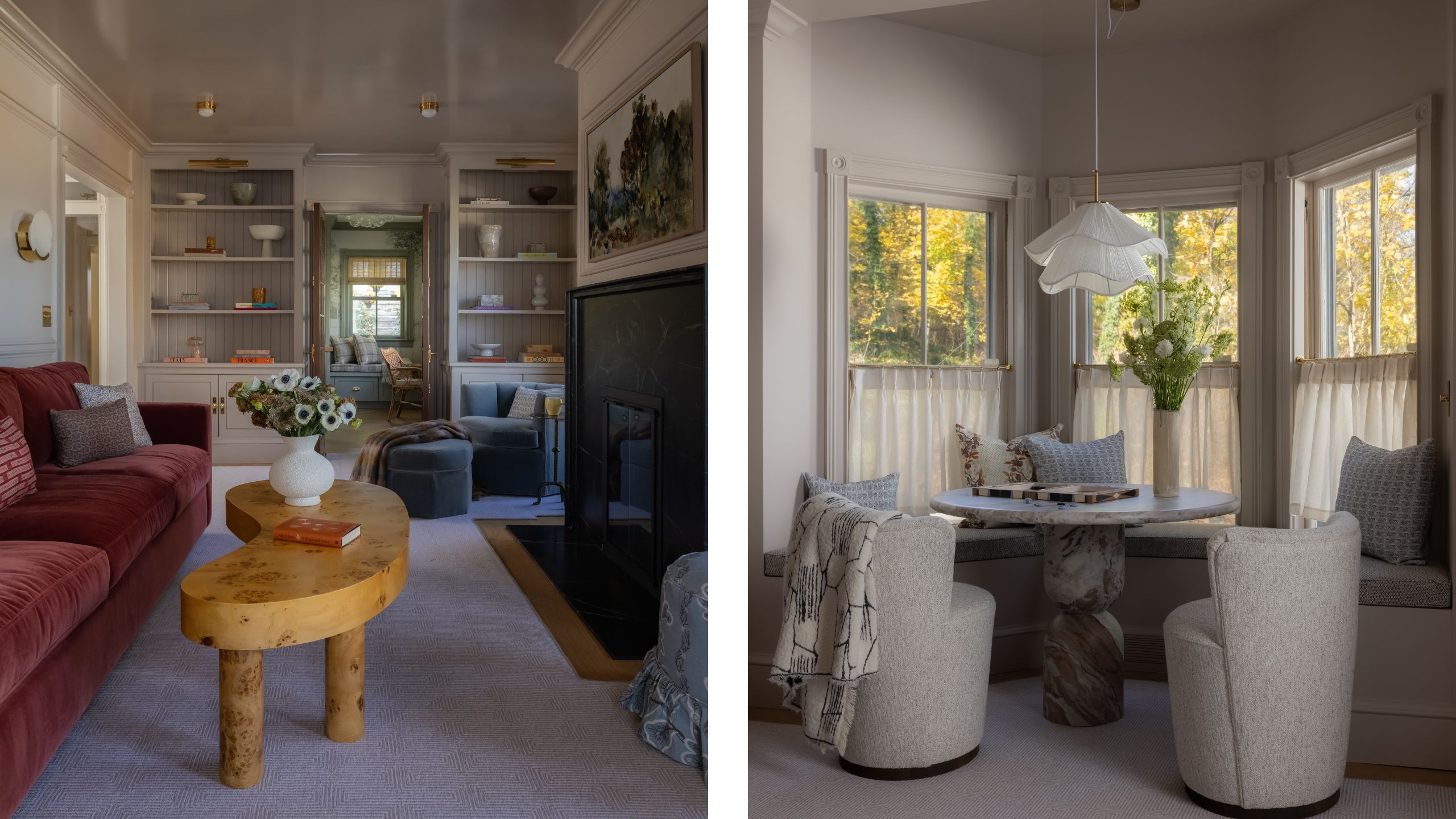 two side by side images of a glossy painted soft pink beige living room with historic fireplace, deep red sofa, burl curved coffee table, bookcases and a games table banquette nook