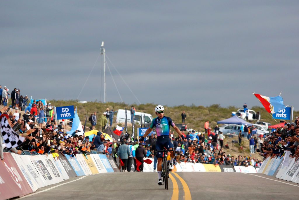 ALTO COLORADO ARGENTINA JANUARY 27 Miguel Angel Lopez of Colombia and Team Medellin EPM celebrates at finish line as stage winner during the 39th Vuelta a San Juan International 2023 Stage 5 a 1733km stage from Chimbas to Alto Colorado 2623m VueltaSJ2023 on January 27 2023 in Alto Colorado Argentina Photo by Maximiliano BlancoGetty Images