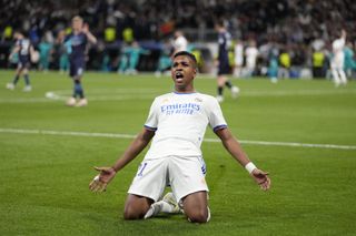 Rodrygo celebrates his second goal against Manchester City