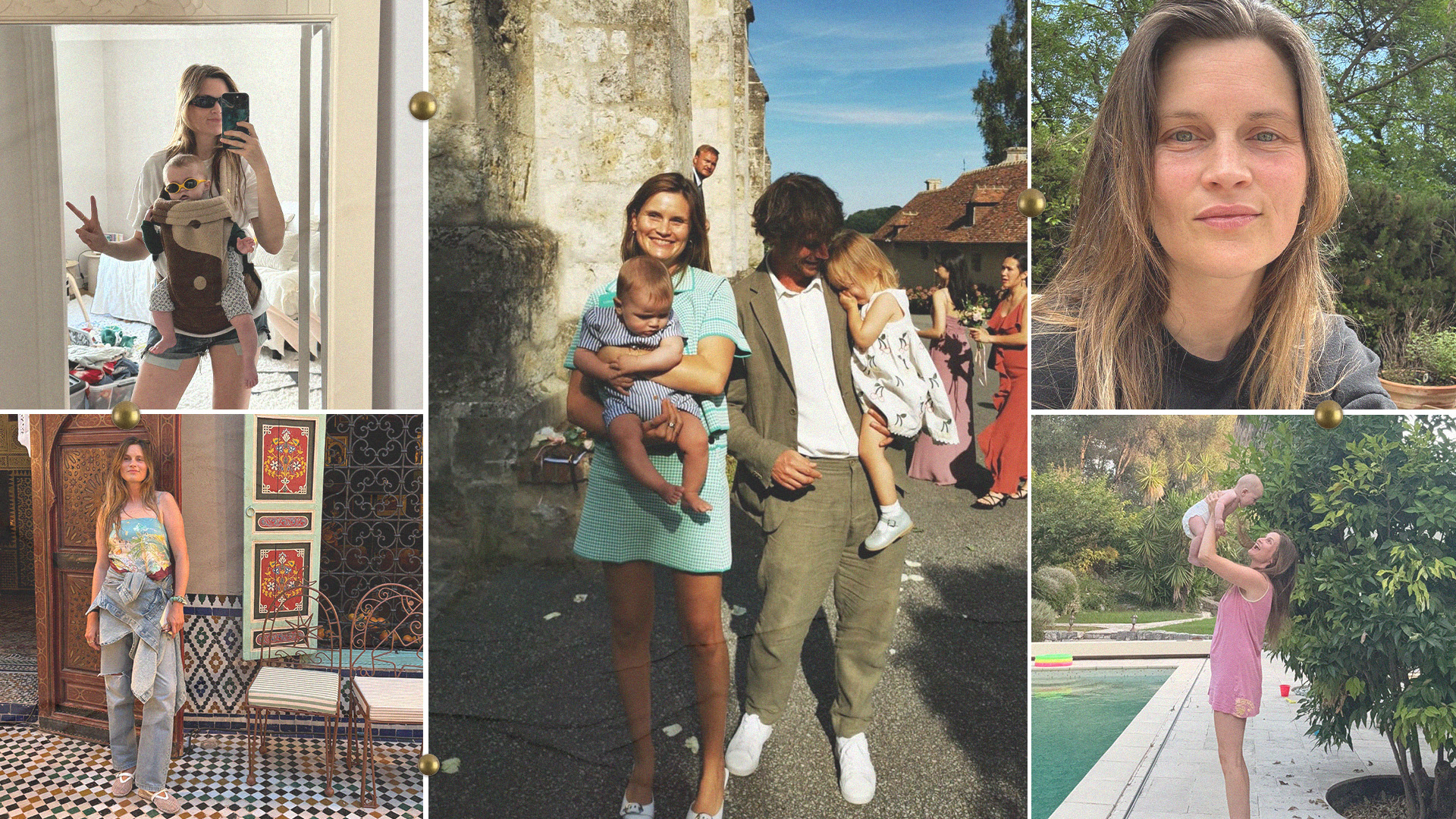 Collage of French editor and fashion creative Eugénie Trochu featuring her postpartum style and family.