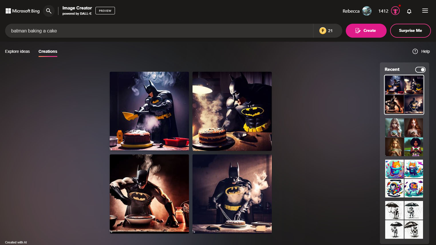 Bing Image Creator com batman fazendo um prompt de arte de bolo
