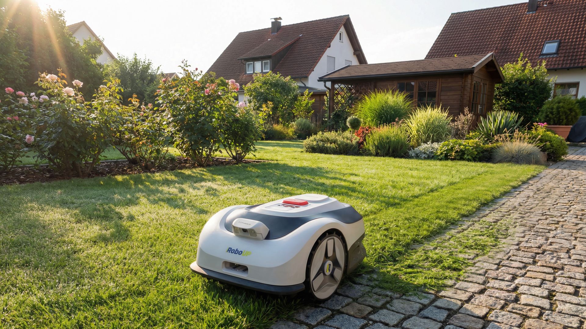 The RoboUP Raccoon 2 SE mowing in parallel lines in a suburban garden