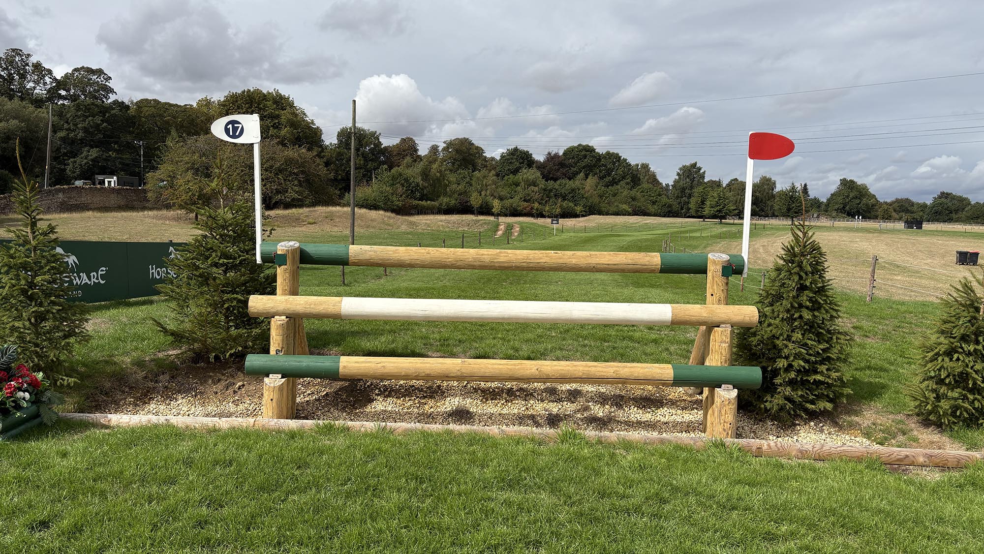 Wooden triple bar fence on the Burghley cross-country course 2026