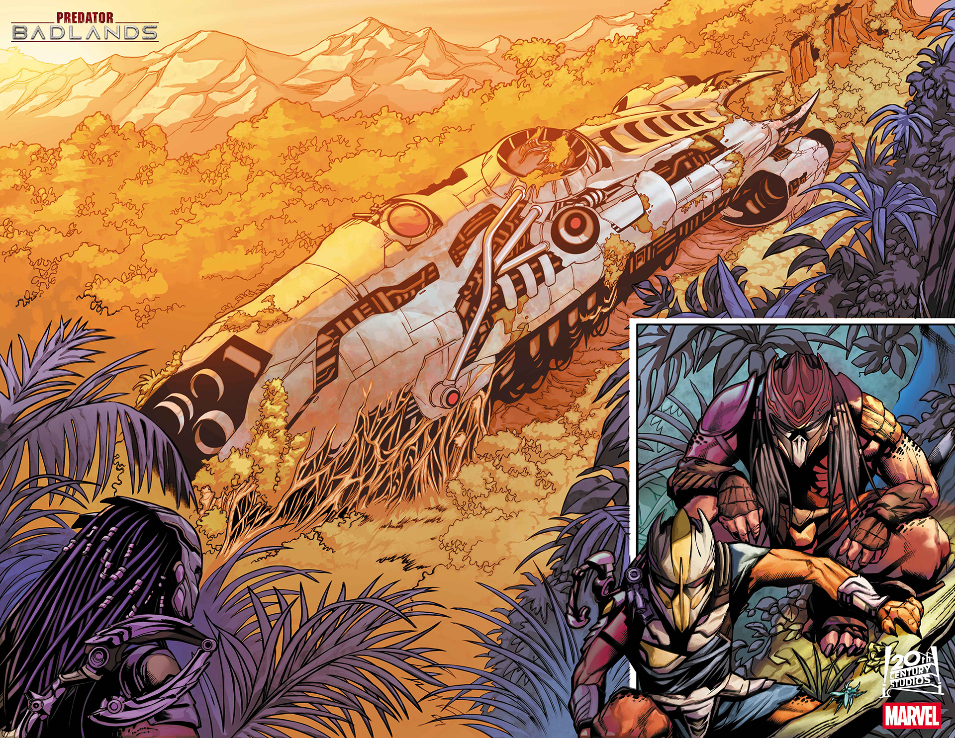 Two Yautja approach the wreckage of a space ship