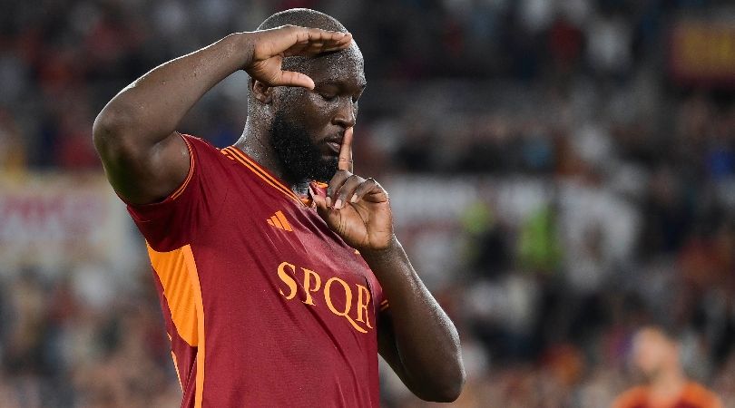 Romelu Lukaku celebrates after scoring for Roma against Empoli in Serie A in September 2023.