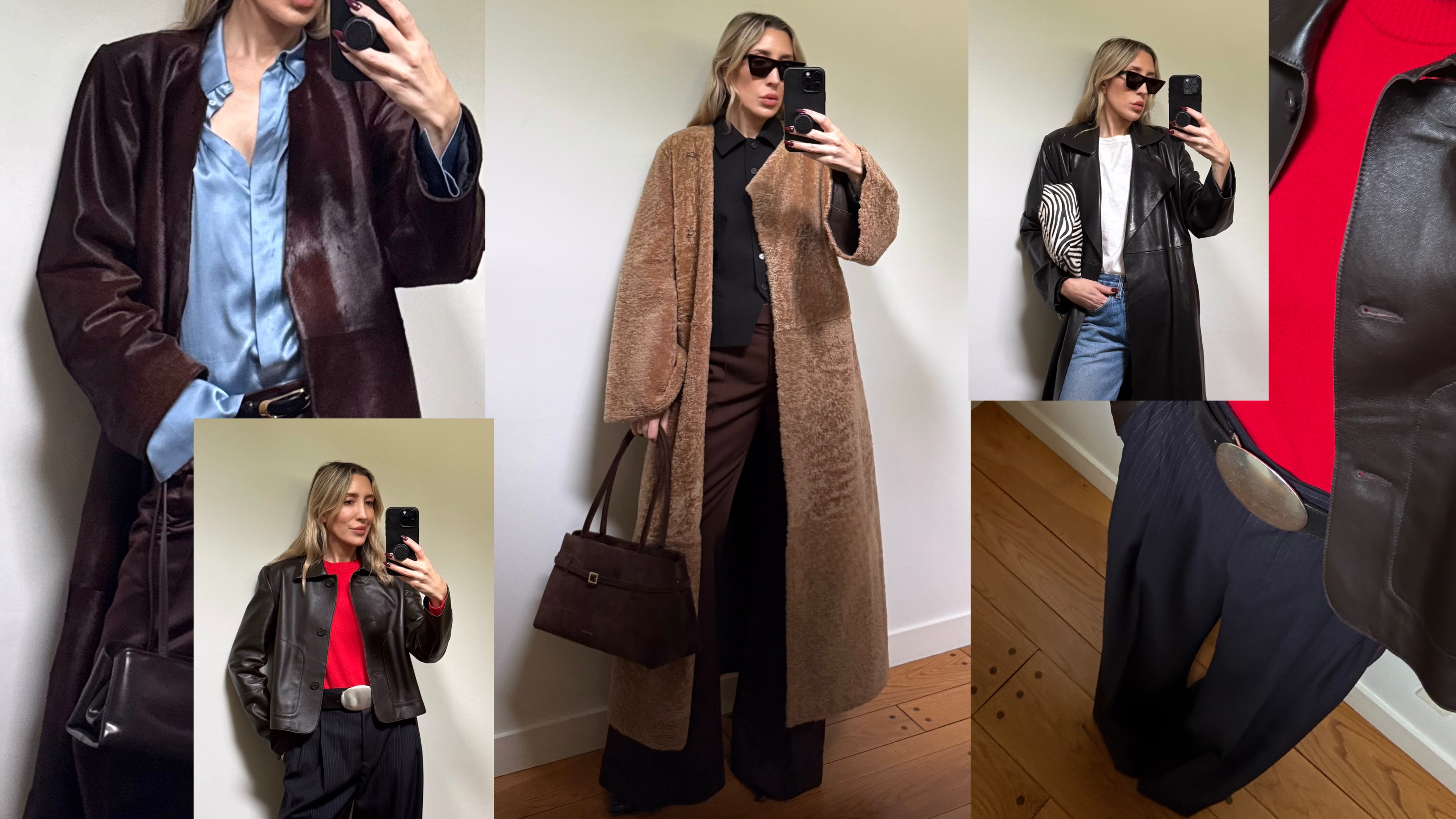 Angela Fink wearing a leather coat and a blue shirt; Angela Fink wearing a shearling coat; Angela Fink wearing a leather jacket and a red shirt 