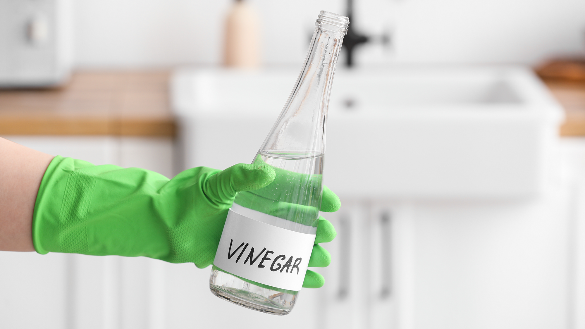 Female hand holding a bottle of vinegar