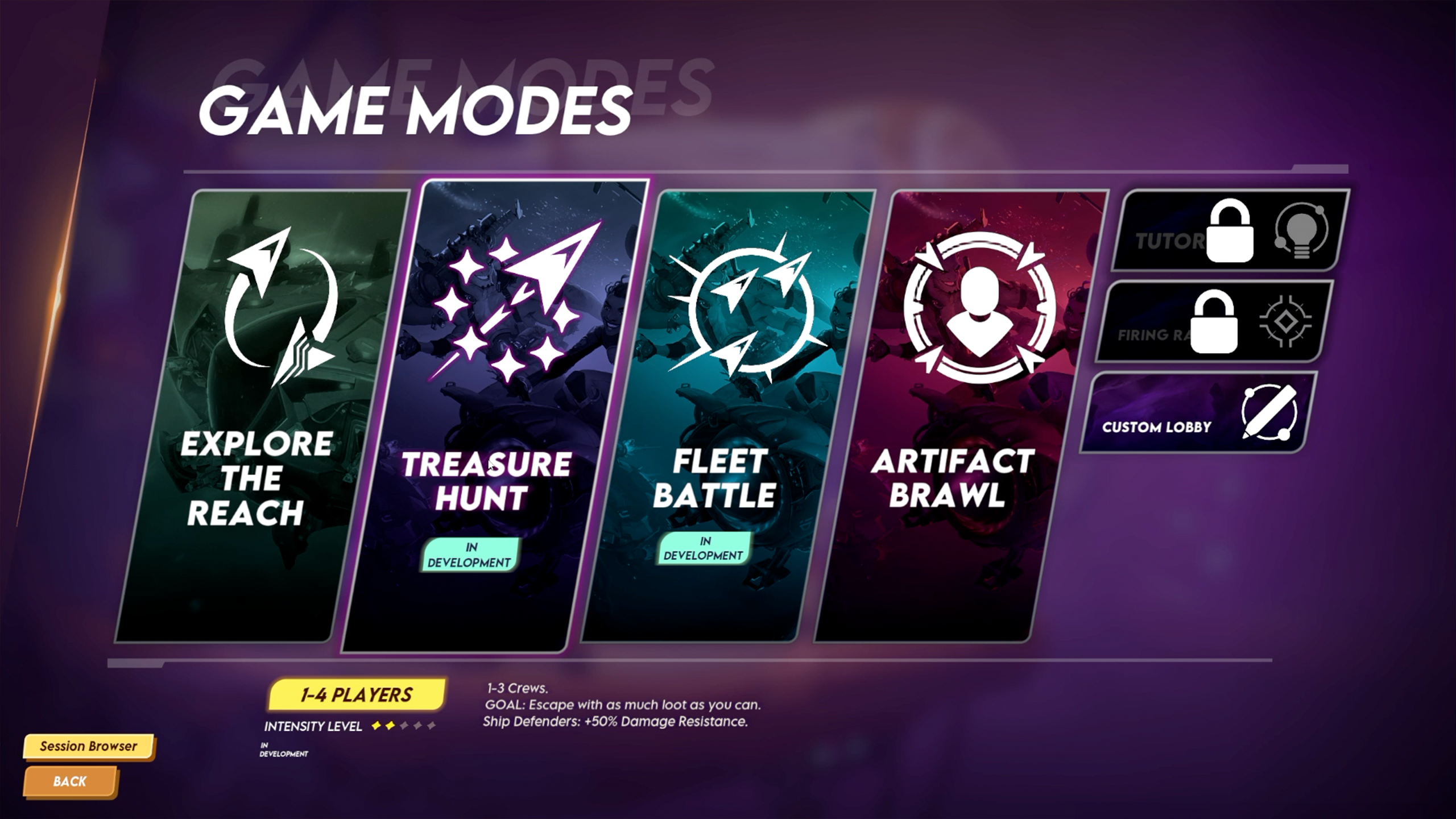 A promotional screenshot of Wildgate. A menu page with four game modes, including Explore the Reach, Treasure Hunt, Fleet Battle, and Artifact Brawl.