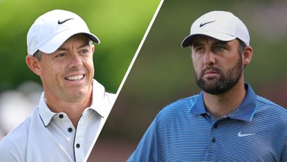 (Left) Rory McIlroy smiles during round three of The Masters in 2025 while Scottie Scheffler looks on seriously in round two (right)
