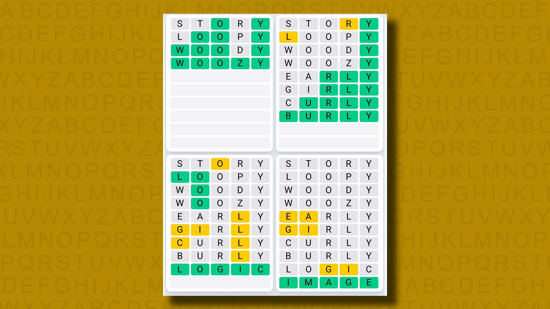 Quordle Daily Sequence answers for game 1312 on a yellow background