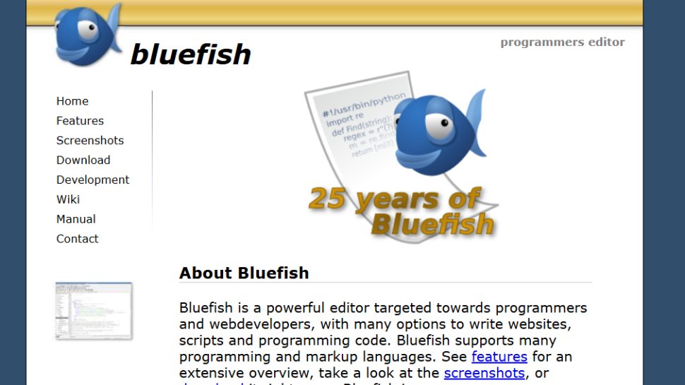Website screenshot of Bluefish (August, 2025)