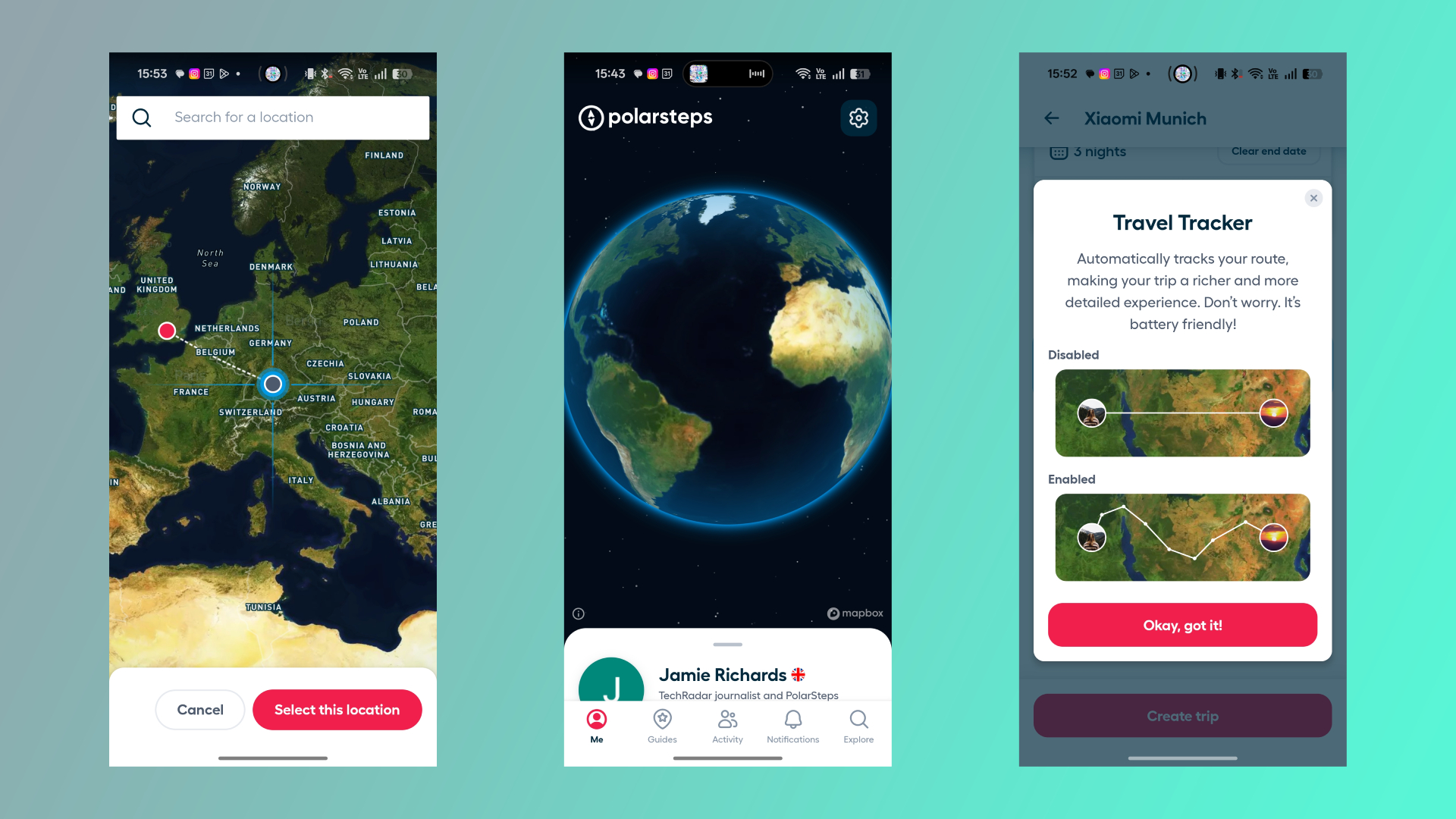 Three screenshots of the Polarsteps app