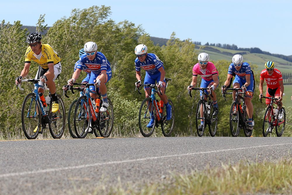 Joseph Cooper of Wellington wears the yellow jersey for the Avanti Racing Team in stage one of the Tour of Southland