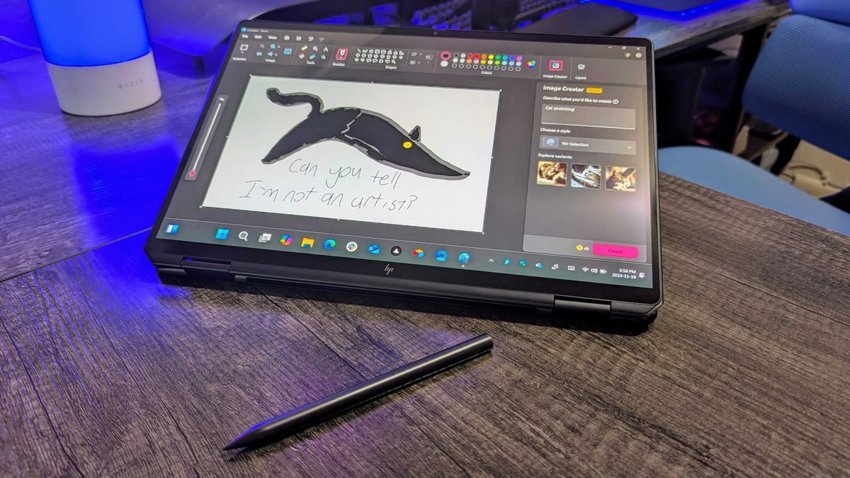 The HP OmniBook Ultra Flip 14 (2024) on a desk and in tablet mode, showing Microsoft Paint open with an amateur drawing and HP&#039;s MPP2.0 stylus.