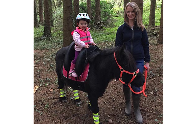 “This is my daughter Liberty and her Shetland pony, Blackie. We have gone for the multi-coloured look to make sure we are seen on our morning hacks in Herefordshire” — Lydia Wise