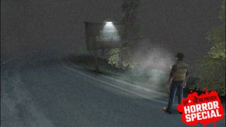 Travis approaches Silent Hill on a foggy street, indicated by a signpost, in Silent Hill Origins, with the GamesRadar+ Big Preview Horror Special 2025 badge branding