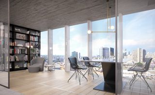 Office interior with skyline view