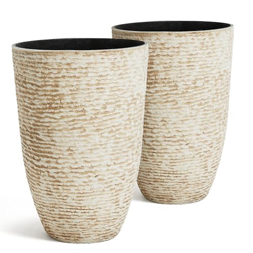 Worth 9 Gallon Tall Round Planters Set of 2-14" Dia X 21" H Stone Finish Flower Pots Indoor Decorative Container Garden Patio Unbreakable Beige