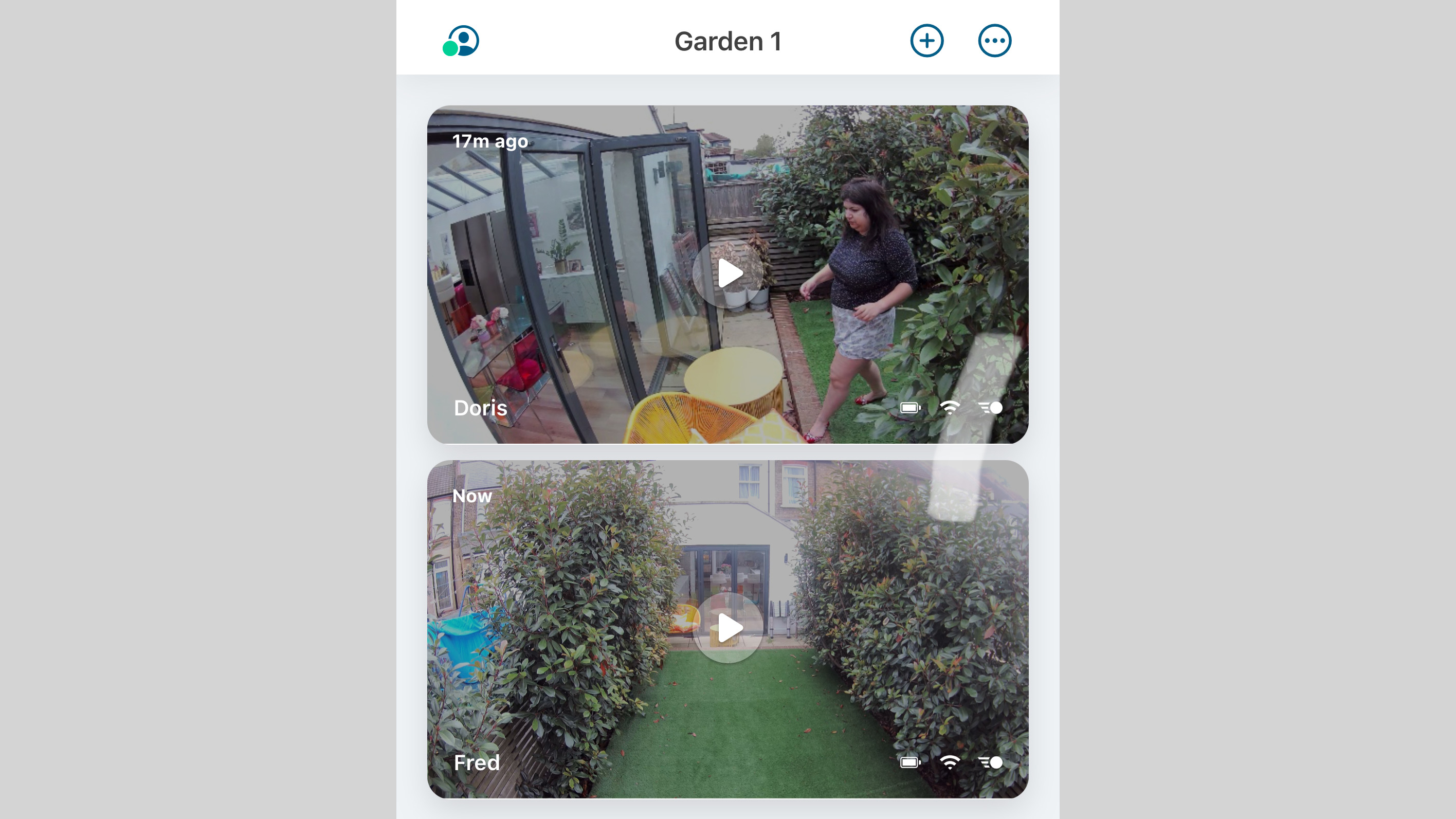 Screengrab of phone app showing views from 2 Arlo Essential 2nd Gen cameras